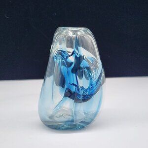 Signed Handblown Glass Paperweight Vase Swirling Blue Brutalist Design 5.5"